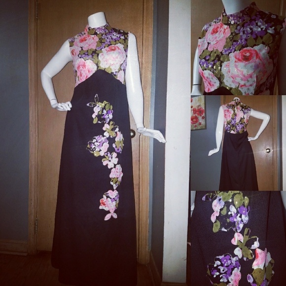 Authentic Original Vintage Style Dresses & Skirts - Late60s Floral Gold Sparkle Vintage Maxi Dress!